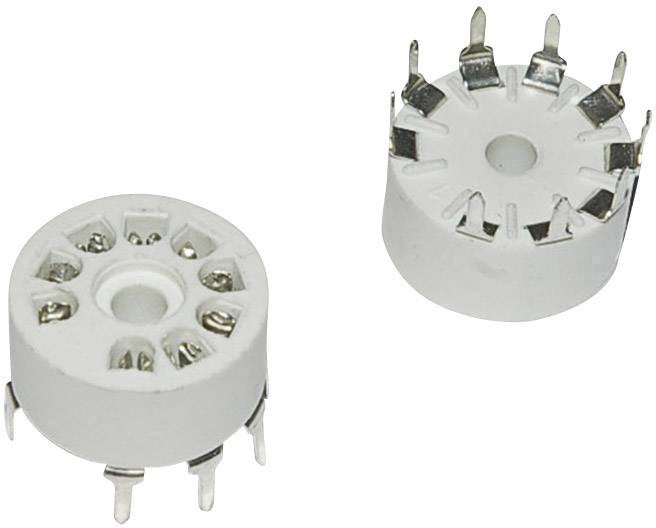 Zwei weiße, zylindrische Röhrenfassungen mit mehreren Metallanschlüssen, die zur Befestigung und Verbindung von Elektronenröhren dienen.