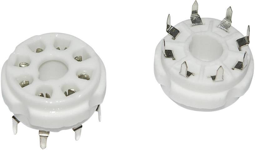 Zwei weiße Keramik-Röhrenfassungen mit acht Metallstiften, verwendet für die Befestigung und den Anschluss von Elektronenröhren.