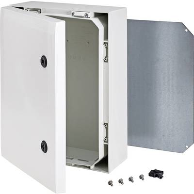 Elektrischer Verteilerkasten in Weiß mit offenem Deckel, zeigt Innenraum und Rückseite. Vier Schrauben und eine schwarze Abdeckung liegen daneben.
