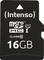 Schwarze Intenso MicroSD-Karte mit 16GB Kapazität, Class 10, U1. Ideal für schnellen Datentransfer in Kameras und anderen Geräten.