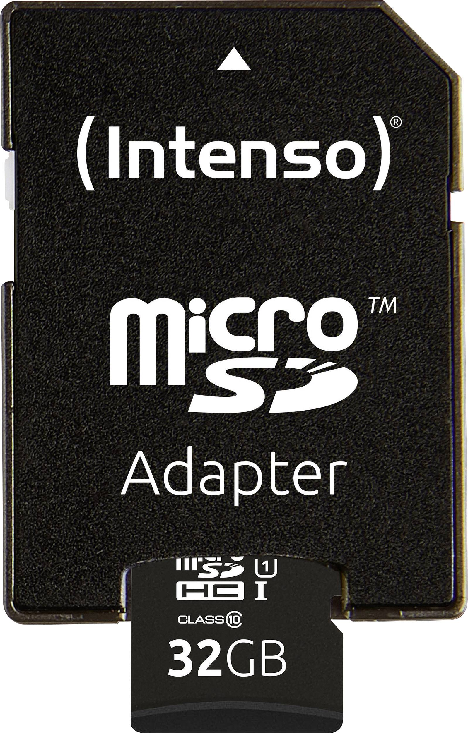Eine 'Intenso' microSD-Adapterkarte mit 32 GB Speicher.