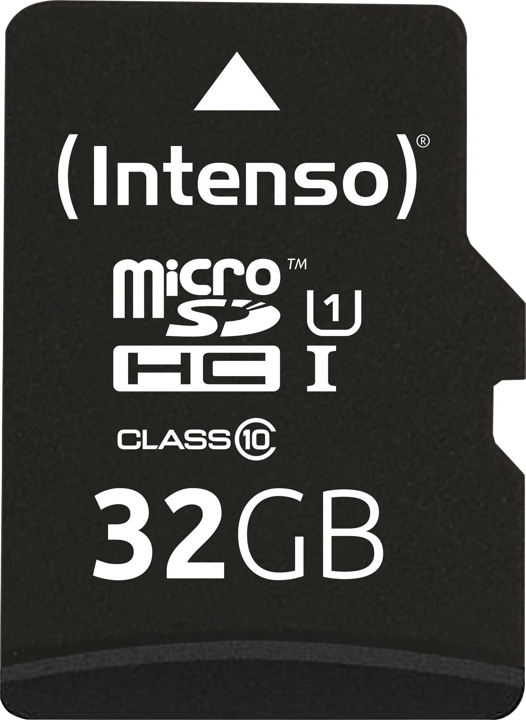 'Intenso microSD-Karte 32GB, UHS-I, Class 10, mit Pfeilsymbol nach oben.'