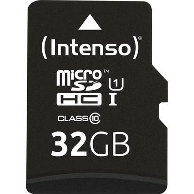 'Intenso microSD-Karte 32GB, UHS-I, Class 10, mit Pfeilsymbol nach oben.'