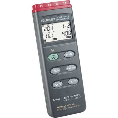 Tragbares digitales Thermometer mit einem LCD-Display, das Temperaturen in Celsius und Fahrenheit anzeigt. Vier Tasten zur Bedienung.