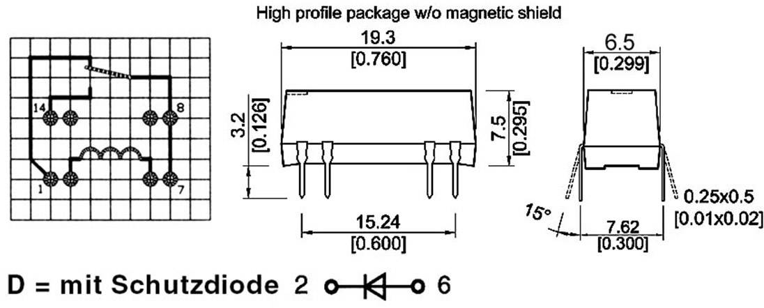 Schaltplanskizze eines elektronischen Bauteils, Maße in mm: Breite 15,24, Höhe 9,65, Pins gekennzeichnet. Hinweis: 'mit Schutzdiode'.