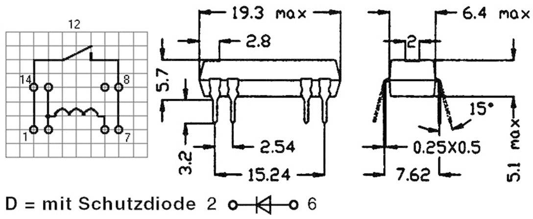 Zeichnung eines elektronischen Bauteils im DIP-Gehäuse mit Schutzdiode, zeigt Abmessungen in mm, Rastermaß und Pinbelegung.