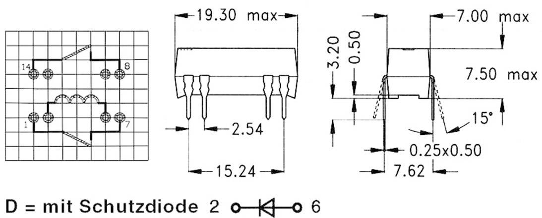 'Technische Zeichnung eines elektronischen Bauteils mit Maßangaben in Millimetern. Zeigt Draufsicht, Seitenansicht und Layout des Bauteils.'