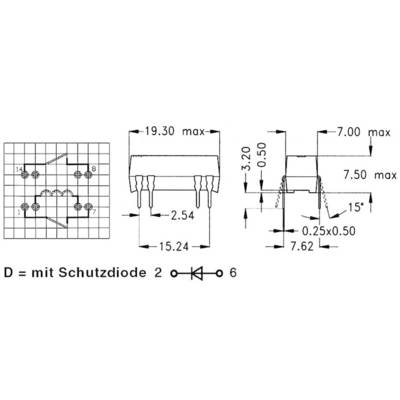 'Technische Zeichnung eines elektronischen Bauteils mit Maßangaben in Millimetern. Zeigt Draufsicht, Seitenansicht und Layout des Bauteils.'