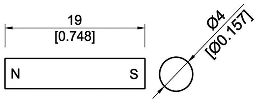 Technische Zeichnung mit rechteckigem Objekt, gekennzeichnet mit 'N' und 'S', Länge 19 mm. Kreis mit Durchmesser 4 mm daneben.