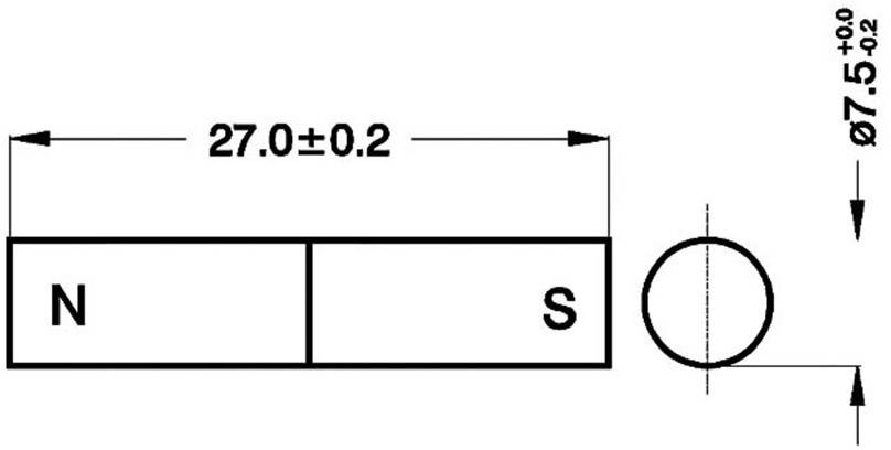 Diagramm eines Stabmagneten mit den Polen 'N' und 'S'. Länge beträgt 27,0±0,2 mm, Durchmesser 7,5±0,2 mm.