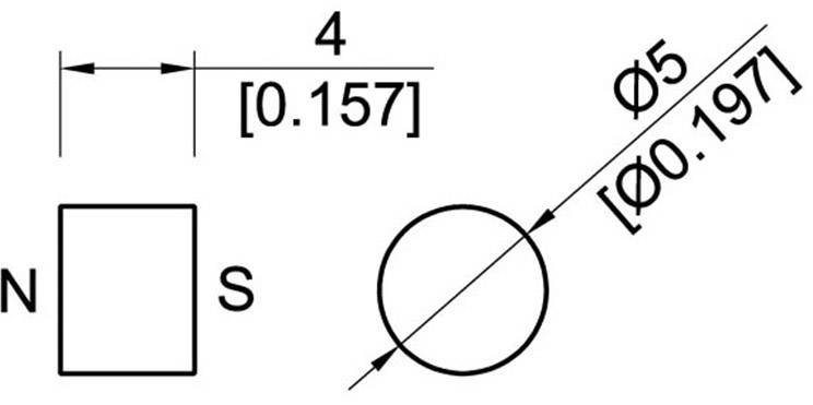'Konstruktionszeichnung: Rechteck 'N' und Kreis 'S'. Durchmesser des Kreises: 5 [0,197]. Abstand zwischen Formen: 4 [0,157].'