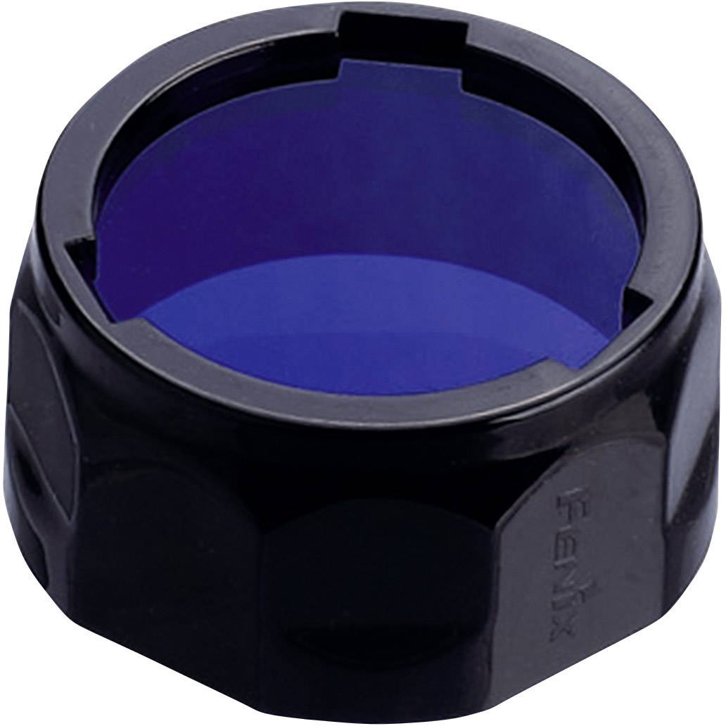 Ein blaufarbener Filter in einer schwarzen Halterung, wahrscheinlich ein Aufsatz für eine Taschenlampe, zur Modifikation des Lichts.
