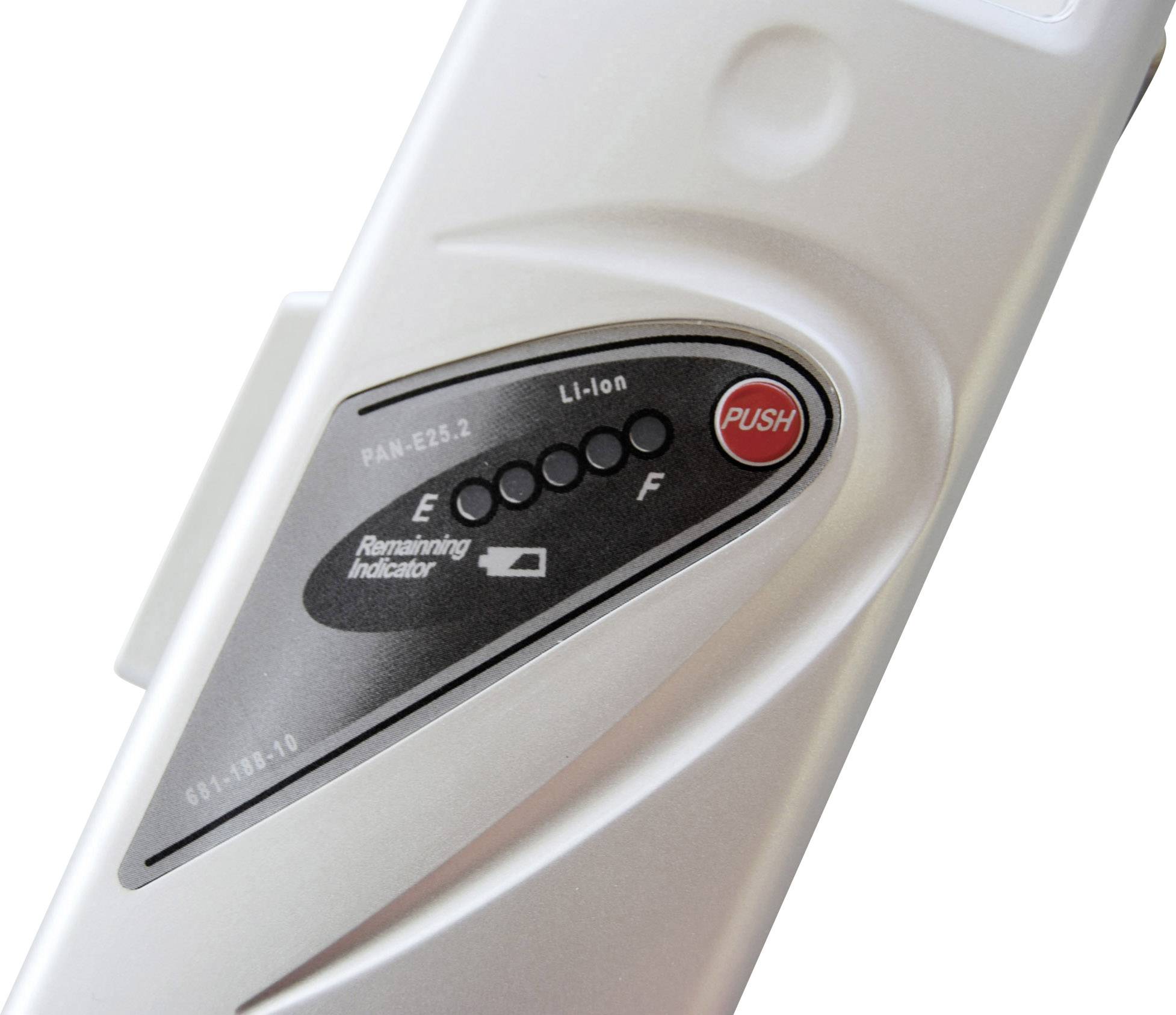 Ein silberner Akku mit Kontrollanzeige, Knopf zum Drücken und Ladestandanzeige.