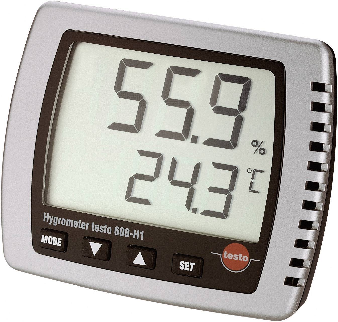 Ein digitales Hygrometer zeigt 55,9% relative Luftfeuchtigkeit und 24,3 Grad Celsius. Gerätetyp: Testo 608-H1.