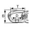 Bild einer Metallkette mit Maßangaben: 'T' für Längsabschnitt, 'D' für Durchmesser, 'B' für Höhe der Glieder.