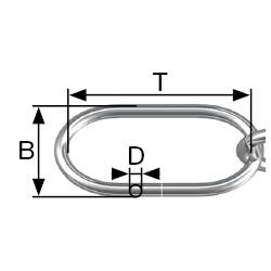 'Skizze eines ovalen Metallrings mit den Maßen: Breite (B), Durchmesser (D) und Länge (T). Der Ring hat eine seitliche Öffnung.'