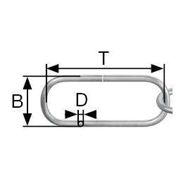 Skizze eines ovalen Kettenglieds mit den Maßen: Höhe (B), Breite (T), Durchmesser (D), Kettenglied dargestellt mit Maßlinien.