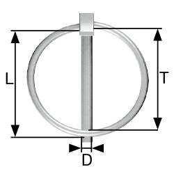 'Technische Zeichnung eines Splitpols. Zeigt Durchmesser (D), Länge (L) und Dicke (T) eines Metallstifts mit einem umlaufenden Ring.'