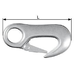 Ein silberfarbener Karabinerhaken mit abgerundeter Form und kleiner Klinge, geeignet zum Schneiden oder Befestigen kleinerer Gegenstände.
