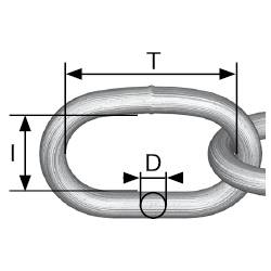 Eine ovale Kettengliedzeichnung mit Maßen: T (Breite), I (Höhe) und D (Drahtdurchmesser) gekennzeichnet.