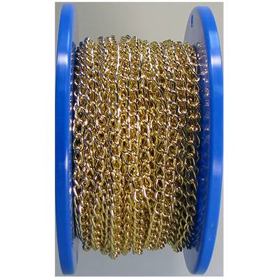 Eine goldfarbene Kette auf einer blauen Spule, gestapelt in mehreren Lagen.