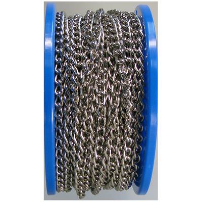 Eine Rolle mit silbernen Metallketten auf einem blauen Kunststoff-Spulenkern.
