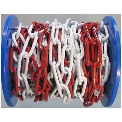 Rot-weiße Kette auf einer blauen Spule aufgewickelt, geeignet für Absperrungen oder Dekorationen.