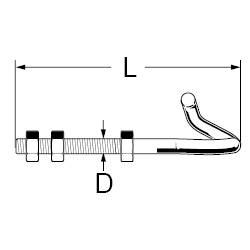 Ein technisches Diagramm zeigt eine Schraube mit den Maßen 'L' für die Länge und 'D' für den Durchmesser, mit zwei Muttern.