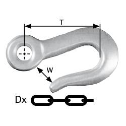 Ein Metallhaken mit den Maßen 'T' und 'W' ist neben einer Kettenglied-Skizze abgebildet, die den Durchmesser 'Dx' veranschaulicht.