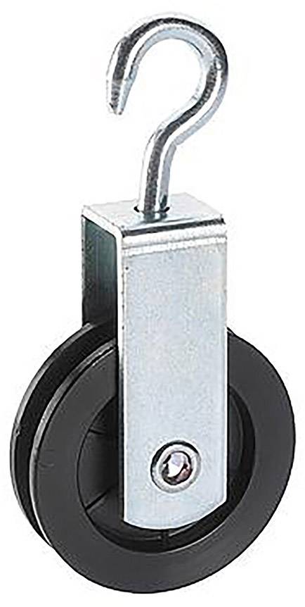 Ein einfacher Metall-Flaschenzug mit Haken und schwarzem Rad, verwendet zum Heben oder Ziehen von Lasten.