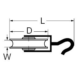 Technische Zeichnung eines Schlauchs mit Abmessungen: Länge (L), Breite (W), Durchmesser (D). Zeigt Details des Schlauchendes.