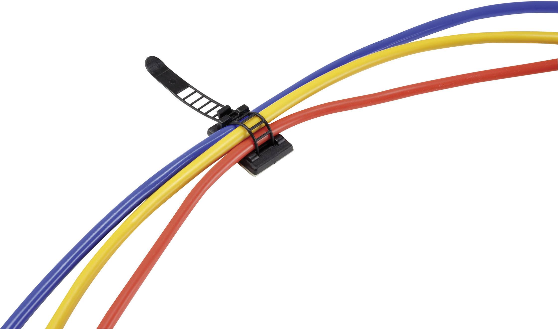 Mehrere bunte Kabel werden von einem schwarzen Kabelbinder zusammengehalten.