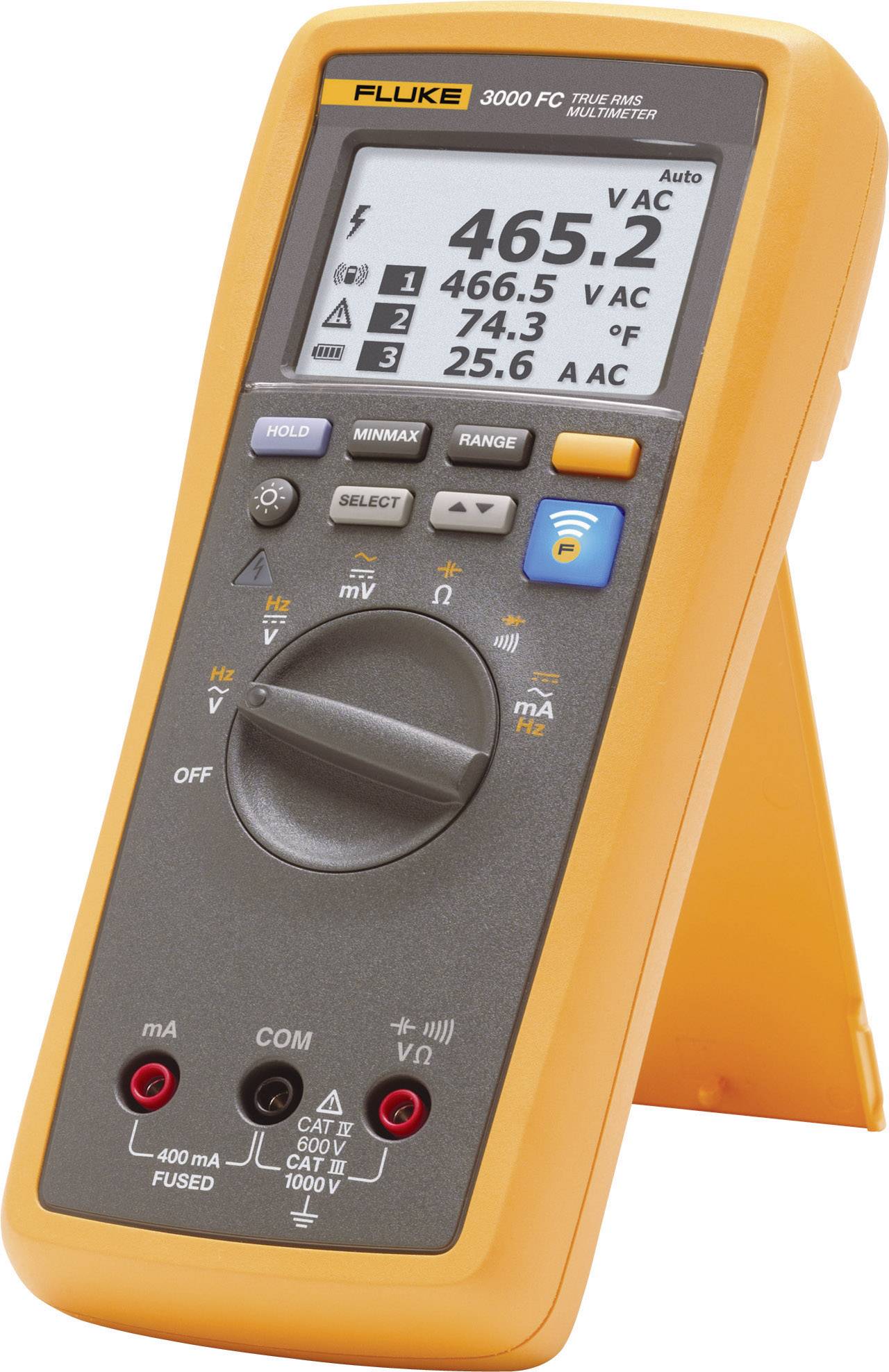Ein digitales Multimeter misst eine Wechselspannung von 465,2 V.Anzeige zeigt auch 466,5 V, 74,3 % gleitenden Mittelwert und 25,6 A an.