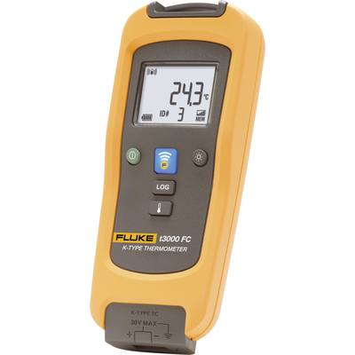 Digitalthermometer in orange, zeigt 24,3°C auf Display. Tasten für Log und Wireless. Marke 'Fluke' unten. Designed für Temperaturmessungen.