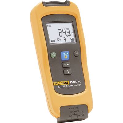 Ein digitales, gelbes Handthermometer mit einem Display, das '24,3 °C' anzeigt. Es hat Tasten für Log, WLAN und Menü.