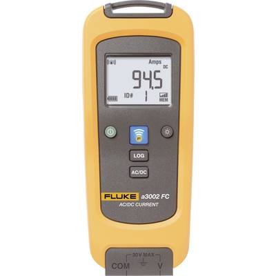 Ein gelbes Fluke a3002 FC Messgerät zeigt 94,5 Ampere DC an. Es hat Tasten für 'LOG' und 'AC/DC', mit Symbolen für Bluetooth-Verbindung.