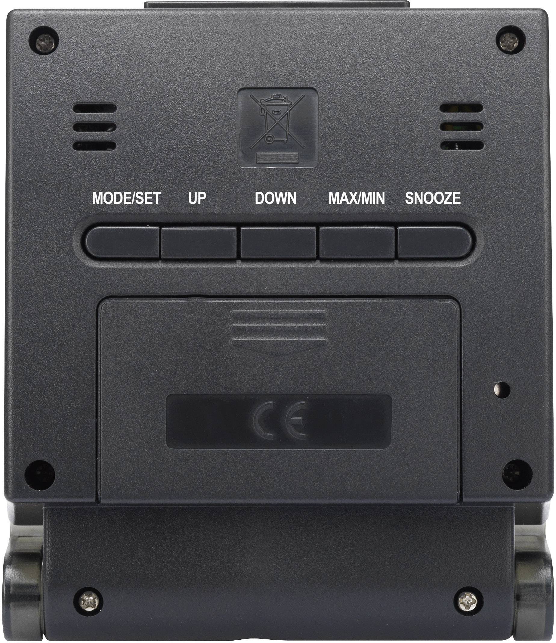 Eine schwarze Digitaluhr mit Knöpfen für 'Mode/Set', 'Up', 'Down', 'Max/Min', und 'Snooze'. Rückseiteansicht mit CE-Kennzeichnung.
