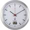 Analog-Wanduhr mit metallischem Rahmen zeigt 10:10 Uhr; unten digitale Anzeige mit Temperatur von 23,3°C.