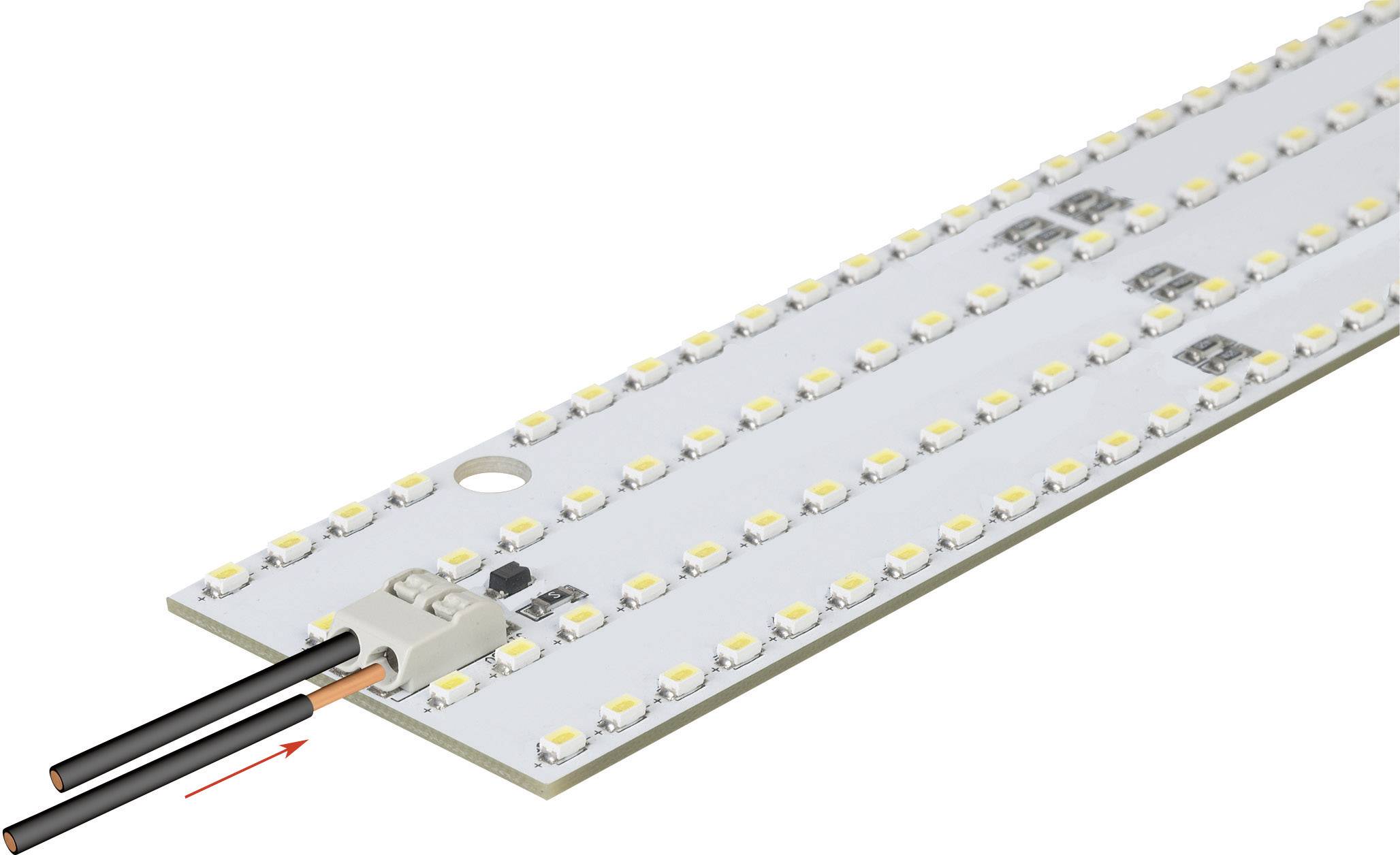 LED-Leiste mit mehreren Reihen kleiner, runder LEDs. Links unten sind zwei schwarze Kabel angeschlossen.