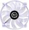Ein weißer Computer-Lüfter mit dem Logo 'Thermaltake' in der Mitte, neun transparente Rotorblätter und LED-Beleuchtung.