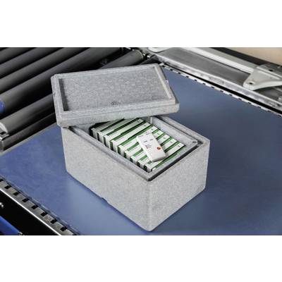 Eine graue Isolierbox mit geöffnetem Deckel enthält gestapelte Medikamentenschachteln. Eine Packung liegt obenauf.