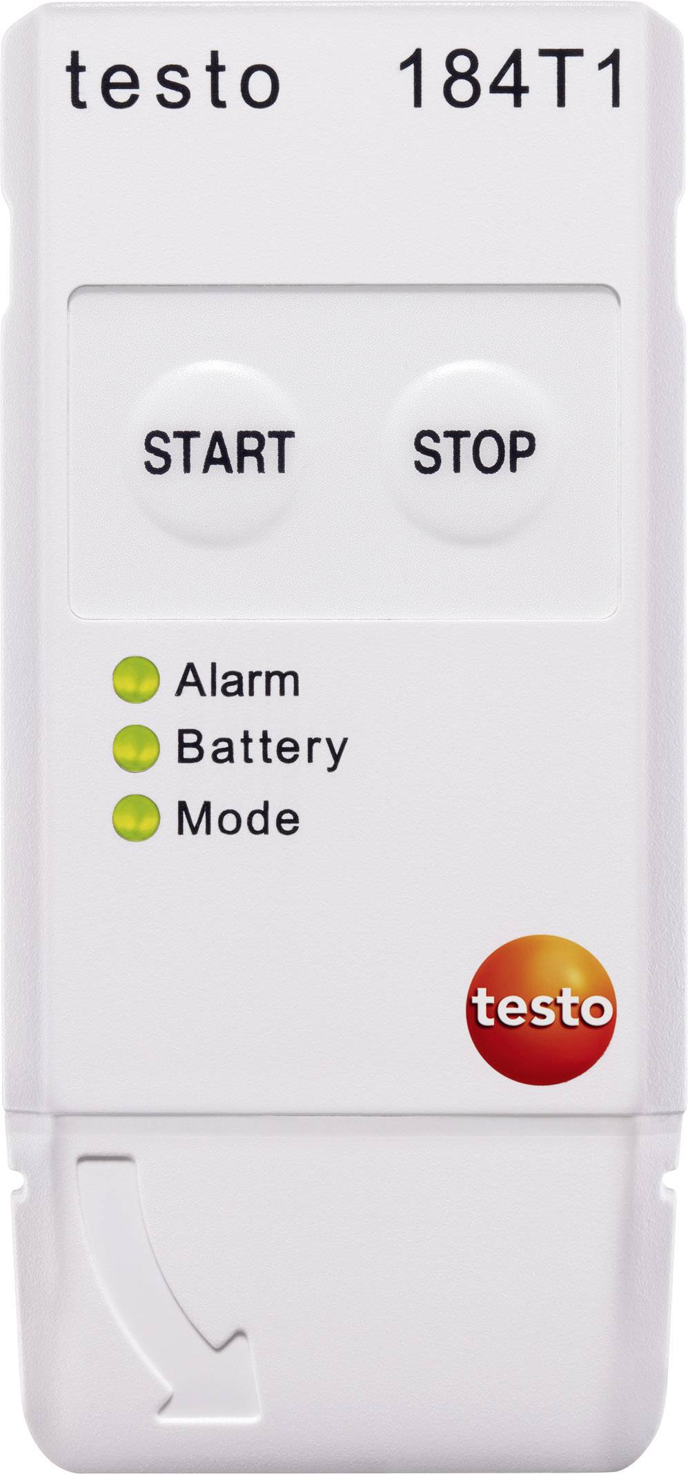 Digitaler Datenlogger mit Tasten 'START' und 'STOP', zeigt Alarm-, Batterie- und Modus-LEDs, Markenlogo unten rechts.