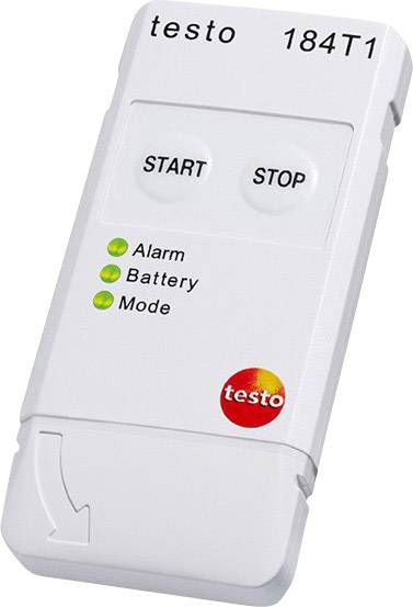 Temperatur-Datenlogger 'testo 184 T1' mit 'START' und 'STOP' Tasten. LED-Anzeigen für Alarm, Batterie und Modus.