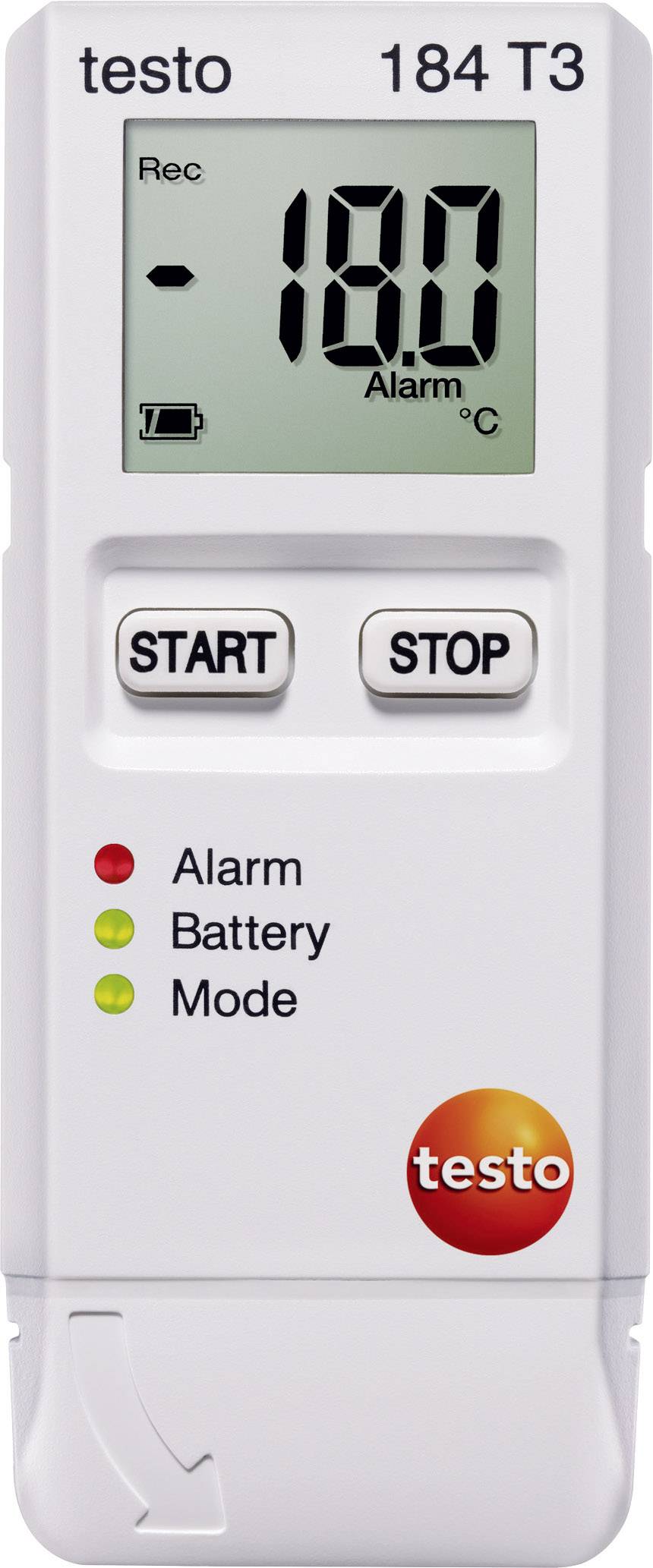Digitales Temperaturmessgerät mit Display. Gezeigt wird eine Temperatur von 18,0 °C. Tasten für 'START' und 'STOP'. Indikatoren für Alarm, Batterie und Modus.