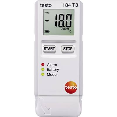 Digitales Temperaturmessgerät mit Display. Gezeigt wird eine Temperatur von 18,0 °C. Tasten für 'START' und 'STOP'. Indikatoren für Alarm, Batterie und Modus.