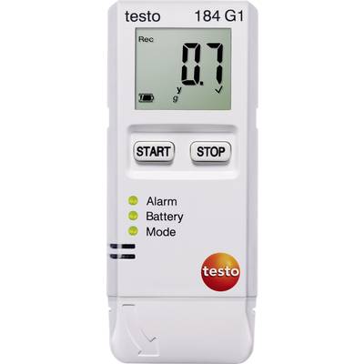 Tragbarer Schock-Datenlogger 'testo 184 G1' mit Digitalanzeige. Zeigt 0.7 g. Tasten 'START' und 'STOP'. Symbole für Alarm, Batterie und Modus.