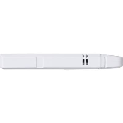 Seitliche Ansicht eines weißen Inhalators mit einfacher, schlanker Form und zwei schwarzen Lüftungsschlitzen oben rechts.