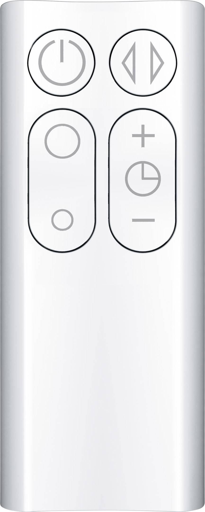 Eine weiße Fernbedienung mit Tasten für Ein/Aus, Abspielen, Stoppen, Vorwärts, Rückwärts, Lautstärke erhöhen und verringern.