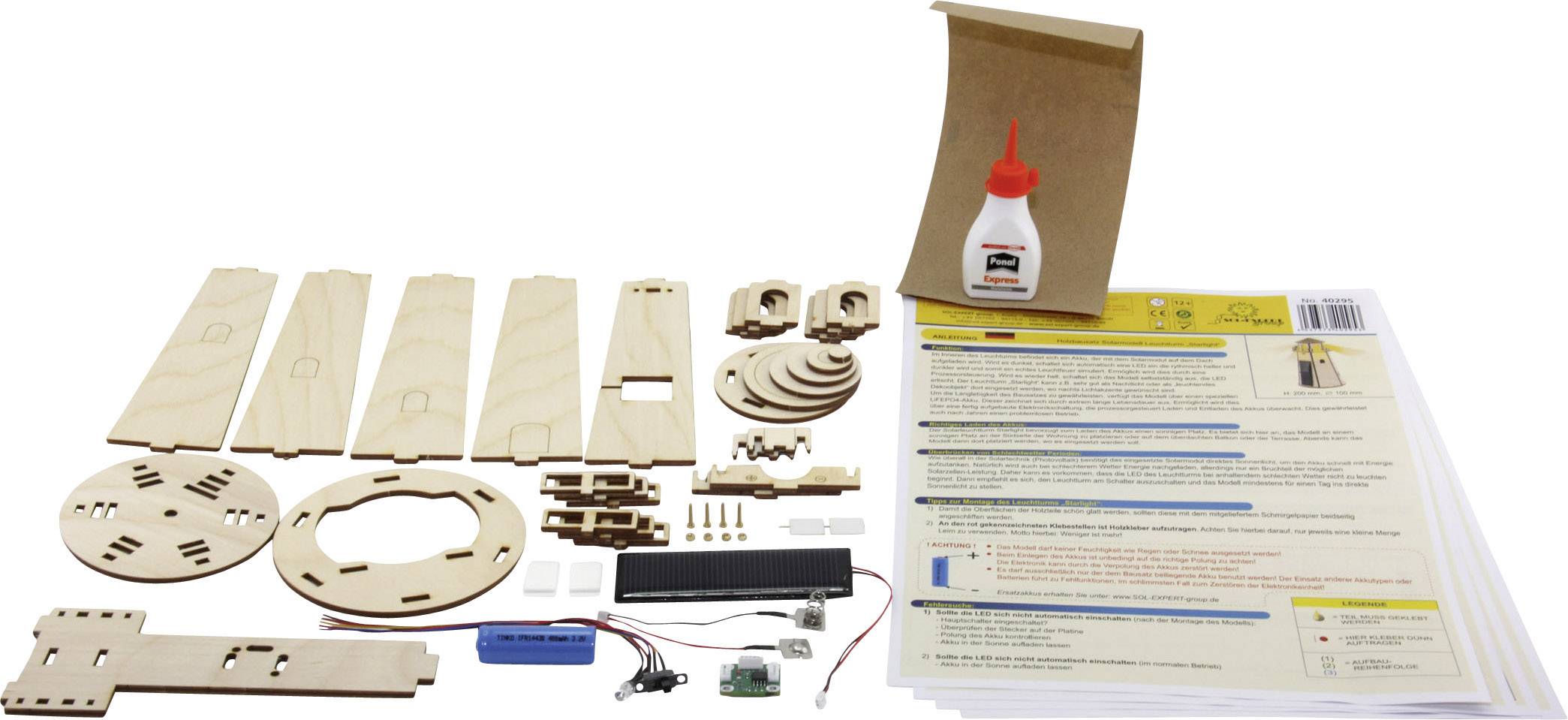 Bausatz mit Holzplatten, Kleinteilen, Kleber und Anleitungen zum Bau eines mechanischen Modells. Ideal für Bastler und Modellbau-Enthusiasten.