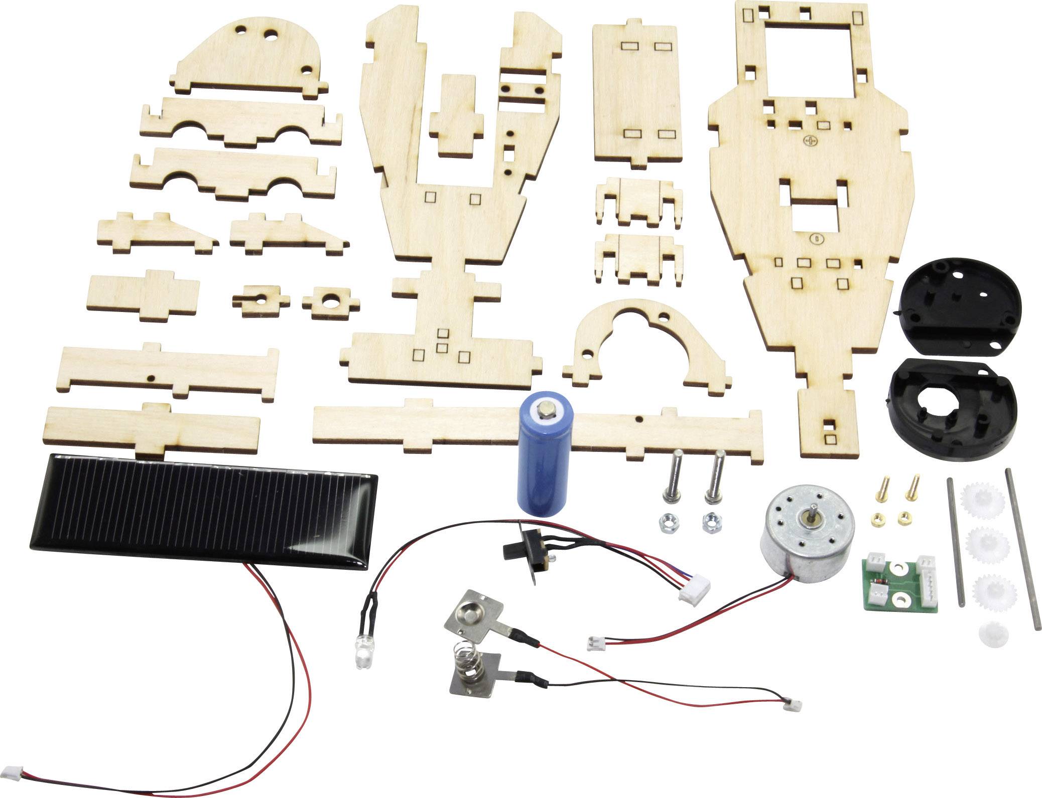 Bausatz für ein solarbetriebenes Holzspielzeug: enthält Holzteile, Solarpanel, Motor, Batterie und Verbindungsteile.